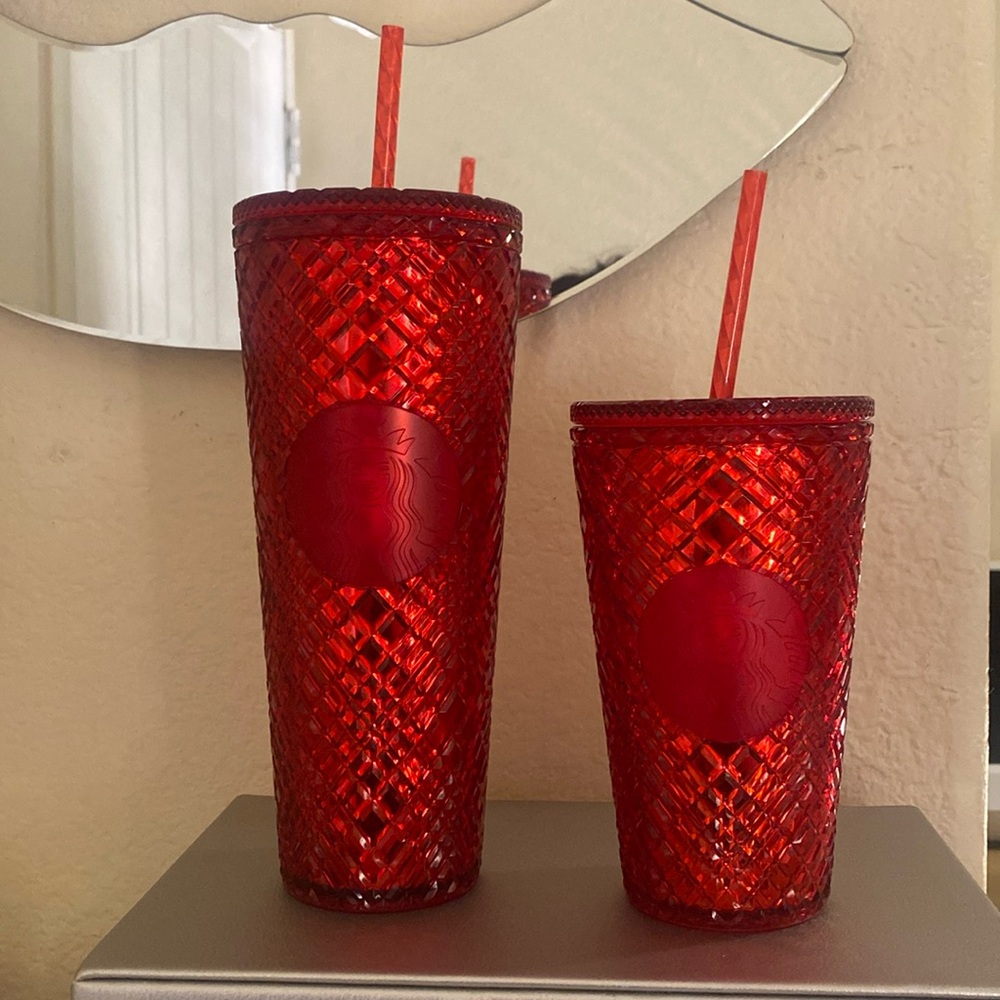 Red Starbucks cups (24 oz) and (16oz) selling as a pair